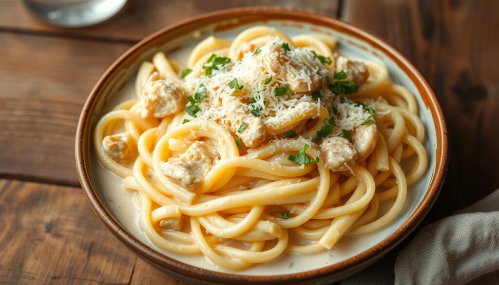 creamy chicken pasta in a bowl